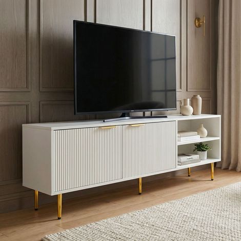 Meuble TV cannelé 2 portes 2 niches 150x39x51 cm décor blanc et doré (1/5)