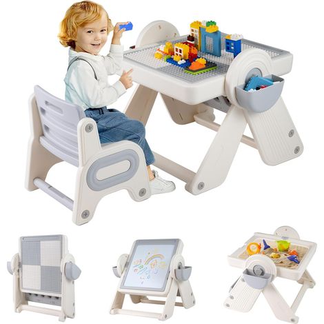 COSTWAY Table Enfant avec Chaise & Tableau Blanc & Plateau Blocs de Construction, Chevalet Réglable en Hauteur, Table Sensorielle en HDPE avec Étagère, 2 Paniers, Charge 50 kg, 18+ Mois (Gris)
