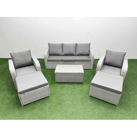 Fimous PE Rattan Garden Furniture Set Reclining Chair Sofa Lounge Sofa Set Oblong Coffee Table 2 Big Footstool Light Grey (1/4)