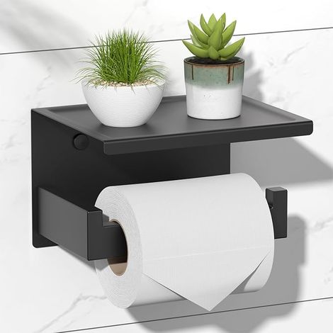 Self Adhesive Toilet Roll Holder with Shelf, Wall Mounted Paper Holder for Bathroom, SUS 304 Stainless Steel, Holder without Drilling – Matte Black (1/5)