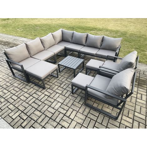 Fimous Aluminium Outdoor Garden Furniture Set Lounge Corner Sofa Square Coffee Table 2 Pcs Chair Sets with 3 Footstools Dark Grey (1/5)