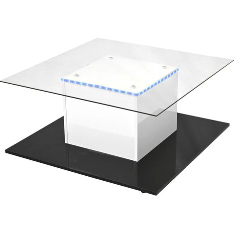 Mesa de Centro con Ruedas y Tira LED, Tablero de Vidrio Templado, Acabado Brillo Blanco y Negro, 80×80×40 cm (1/5)
