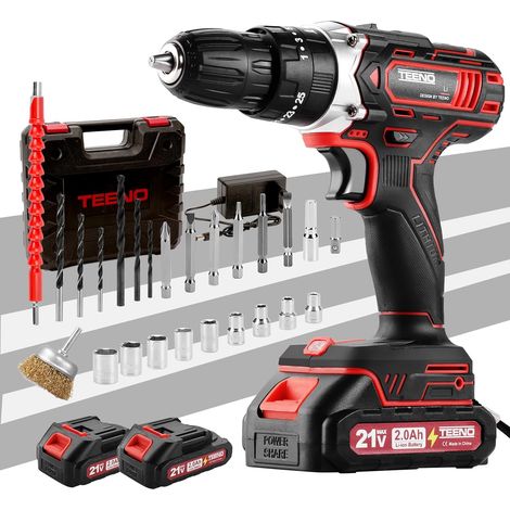 TEENO 21V Akku-Bohrschrauber für Makita-Akkus (2 x 2,0 Ah), 45 Nm Drehmoment, rostfreie Metallbürste, 25+1 Drehmomenteinstellungen, 2 Geschwindigkeiten, LED-Licht, 31 Zubehörteile und Transportkoffer (1/5)