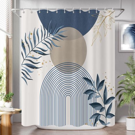 Rideau de Douche, 200x180cm, Bleu Kaki Boho Milieu du Siècle Moderne Abstrait Arc Soleil Géométrique Plante Botanique Tissu Pmperméable Machine Lavable Rideau de Salle de Bain avec Crochets (1/5)