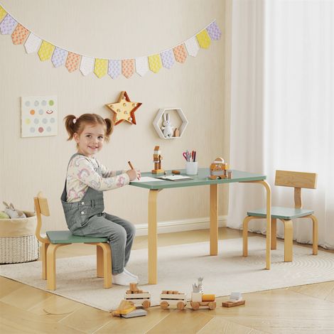 Lot de table et 2 chaises bambin en bois vert, 78x53x53 cm, idéal pour colorier, s'amuser et apprendre (1/5)