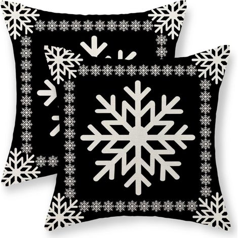 Fundas de almohada navideñas de 45 x 45 cm, juego de 2 piezas, estampado de copos de nieve, ribete rústico de lino navideño, aptas para cojines decorativos de tamaño estándar.