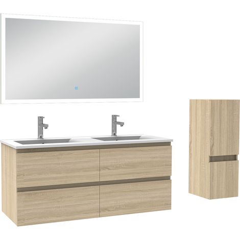 Ensemble meuble de salle de bain 120cm, vasque céramique + colonne bas + miroir lumineux, chêne