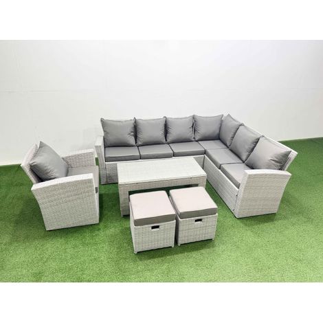 Fimous Rattan Garden Furniture Set 6 Pieces Outdoor Garden Sofa Oblong Coffee Table Set with Chair 2 Small Footstools Light Grey Mixed (1/5)