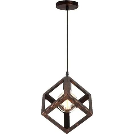 Rétro Lampe Suspension Vintage Industrielle en Carre Lustre Luminaire Fer Forge pour Salon Chambre Cafe Bar Rouillé (1/4)