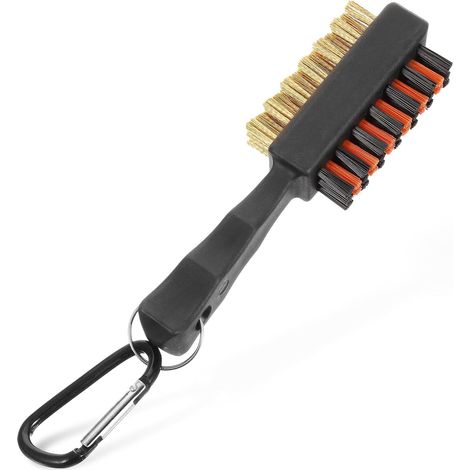 Cepillo de limpieza 2 en 1 para palos de golf, de doble cara, de metal y nailon, herramienta de limpieza duradera para hierros, bolas, zapatos y clavos. Se fija fácilmente a la bolsa de golf (1 unidad