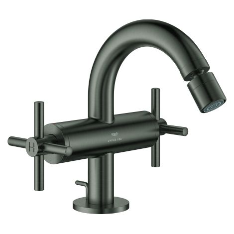 GROHE Zweigriff-Bidetbatterie Atrio 24353, Einlochmontage, mit Kreuzgriffen, Zugstangen-Ablaufgarnitur 1 1/4'', hard graphite gebürstet (1/4)