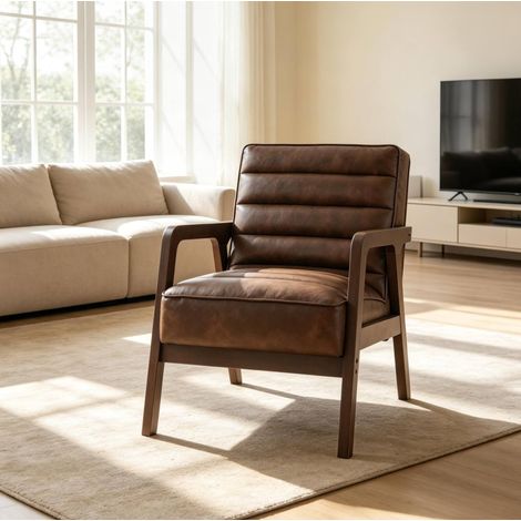 Fauteuil de salon 64x86x79 cm en bois et PU marron avec accoudoirs, confortable pour salon – MEUBLIV (1/5)