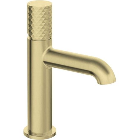Miscelatore lavabo in ottone con bocca 11 cm finitura oro spazzolato - Hexo