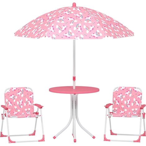 Table et chaises pliantes enfant avec parasol amovible 4 pièces rose