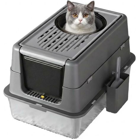 Litière pour Chat XL en Acier Inoxydable, Couvercle Rabattable à 180°, Anti-odeurs, Fond antidérapant, Facile à Nettoyer, Pelle Incluse, Couleur Noir Clair, 60 x 40 x 43,5 cm (1/5)
