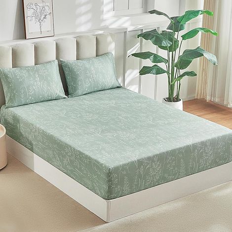 Drap-housse 160 x 200 cm - Vert sauge - Motif branche et motif floral - Poche de 35 cm de profondeur - Avec 2 taies d'oreiller de 80 x 80 cm avec fermeture éclair (1/5)