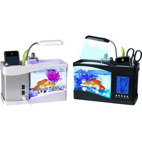 Mini acuario USB multifuncional con reloj LED, pantalla LCD, caja de almacenamiento para llaves y plantas – acrílico, 24 cm, iluminación de colores (1/5)