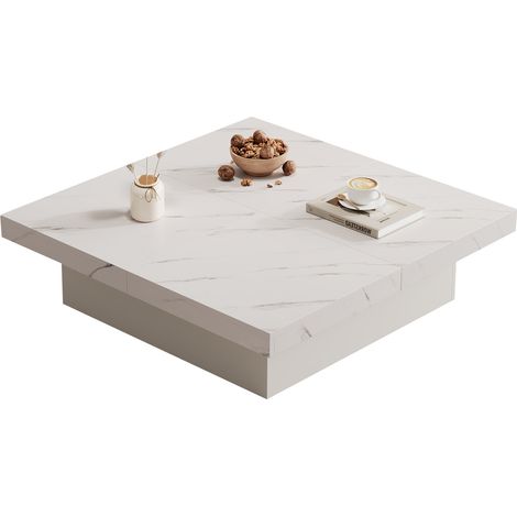 Table basse carrée blanche effet marbre, 4 tiroirs, plateau coulissant, 90 x 90 x 25 cm, charge 30 kg, pour salon moderne et raffiné  CHICFURN (1/5)