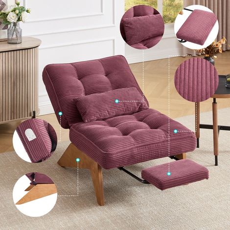 poltrona relax 127 x 73 x 90 cm - schienale regolabile multiangolo con poggiapiedi et Coussin Lombaire - portata 220 kg - velluto a coste - rosa
