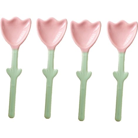 Lot de 4 jolies cuillères en céramique à long manche en forme de tulipe, pivoine et jacinthe, pour usage domestique.