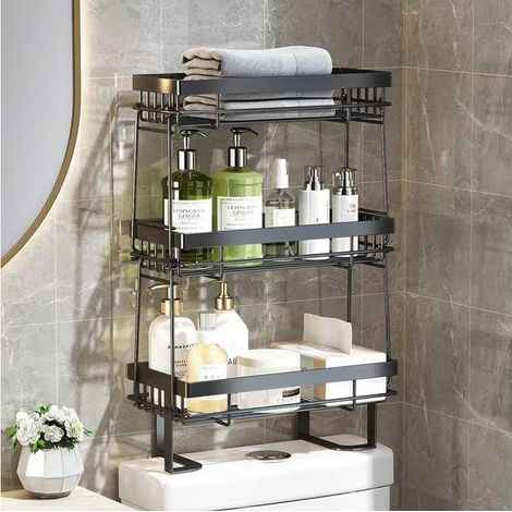 Étagère de rangement pour toilettes à trois niveaux, noire et amovible, sans perçage, multifonctionnelle, pour papier toilette et autres articles de toilette. (1/5)