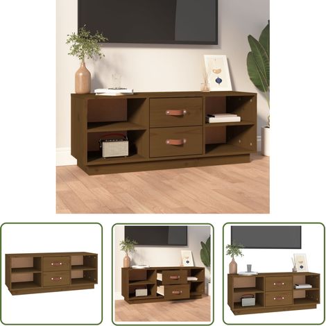 The Living Store Meuble TV Marron miel 100x34x40 cm Bois de pin massif - Meubles Tv - Meuble Tv - Support Tv - Unité Tv - Bois De Pin (1/5)