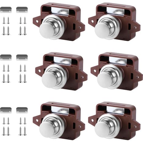 Serrure à bouton-poussoir, lot de 6, serrure métallique sans clé, serrure, serrure de meuble, marron, camping-car, caravane, bouton de verrouillage, loquet à bouton-poussoir pour porte, meuble, yacht,