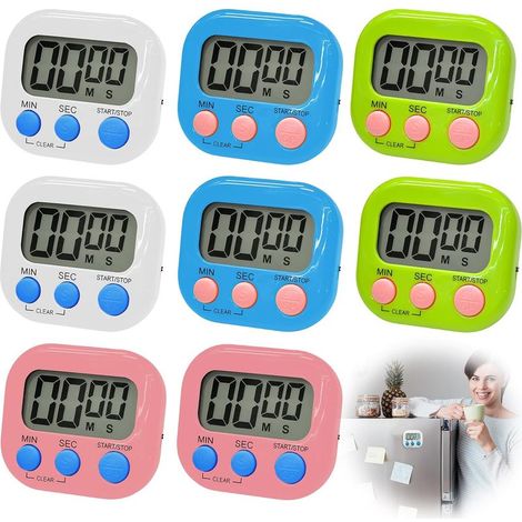 Lot de 8 chronomètres magnétiques : WIYETY Minuteur de Cuisine numérique 4 Couleurs avec Horloge et Grand écran LCD Silencieux pour Cuisines, Bureaux, Sports (Piles Non incluses) (1/5)