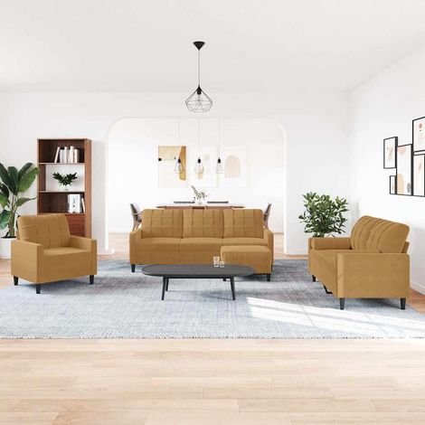 Ensemble canapé 4 pièces avec fauteuil, canapés 2 et 3 places, repose-pieds en velours marron - PANGIVO (1/5)