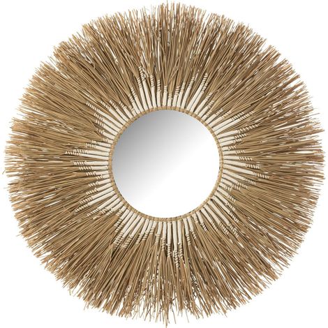 Miroir mural rond raphia naturel et blanc style bohème chic - Naturel et blanc raffiné (1/2)