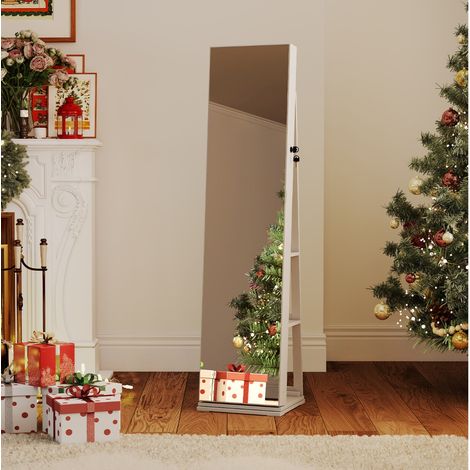 Armoire à Bijoux Pivotante à 360° avec Miroir Pleine Longueur & Étagères Arrière Miroir avec Éclairage 3 Boîtes en Acrylique Blanc (1/3)