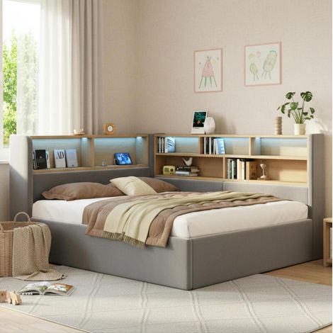 Cama de día 140x200 cm con canapé hidráulico, terciopelo gris, LED, USB y cabecero (1/5)