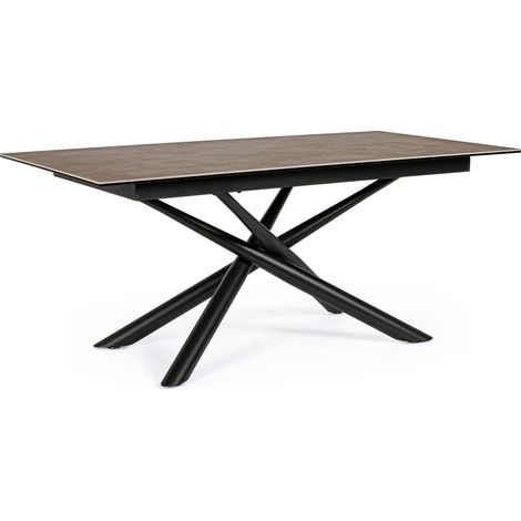 Tavolo Seyfert con struttura in acciaio, piano in ceramica e supporto in vetro