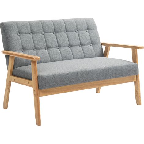 HOMCOM sillón de 2 plazas sofá de 2 plazas tapizado en lino con reposabrazos de madera respaldo acolchado carga 250 kg sillón para salón gris claro (1/5)