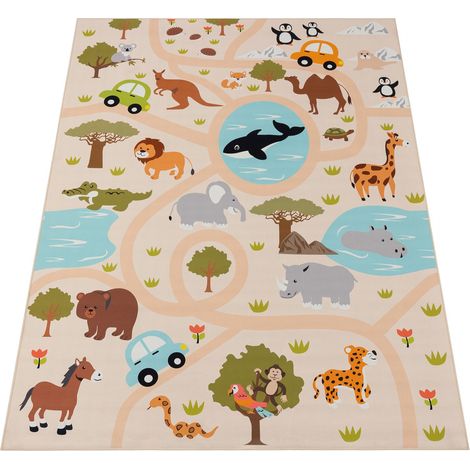 Paco Home Teppich Kinderzimmer Kinderteppich Spielteppich Dschungel Rutschfest Creme Grün 160x220 cm