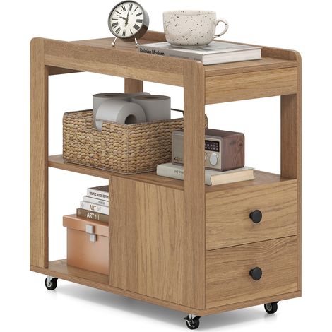 Table d'Appoint Étroite avec 2 Tiroirs, Bout de Canapé à Roulette, Étagères Ouvertes, Roues Verrouillables, Table de Chevet 65 x 30 x 63cm, Naturel (1/5)