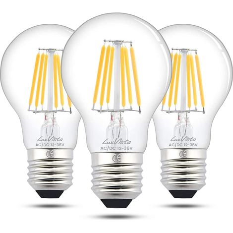 Ampoules LED E27 Basse Tension AC/DC 12V-24V Blanc Chaud 2700K 6W 600lm A60 Lampe à filament à LED Edison ES Vinatge Incandescence 60W équivalent, CRI 80 + pour RV Camper Marine 3-Pack (1/5)