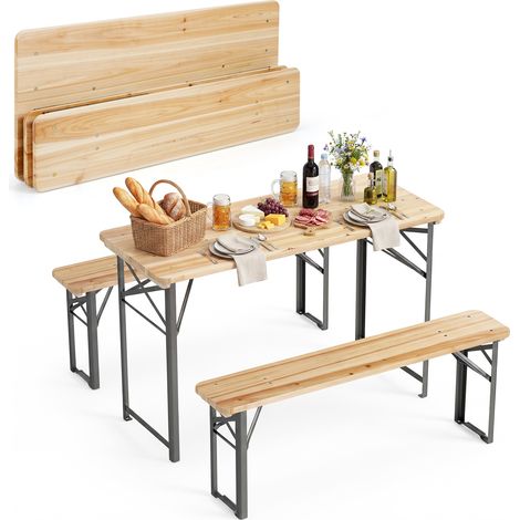 Table de Pic-nic Pliable et 2 Bancs en Bois avec Cadre en Métal, Ensemble de Mobilier d'Extérieur pour 4 Personnes, pour Terrasse, Jardin
