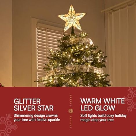 Lot de 10 étoiles scintillantes en PVC, 26,7 cm (10,5 pouces), lumière blanc chaud argentée, à piles, pour décorer votre sapin de Noël et votre maison pendant les fêtes. (1/4)