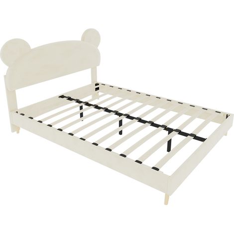 Cama tapizada beige 140 x 200 cm con cabecero de peluche y colchón ensacado HOMVRA (1/5)