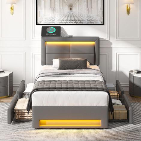 MEUBLIV Lit 90x190 cm gris – LED, 4 tiroirs et USB, sans matelas (1/5)