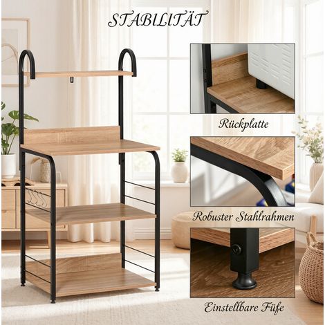 Küchenregal 60x40x125 cm aus Stahl und Holzwerkstoff, schwarz, mit Haken, platzsparend – MEUBLIV (1/5)