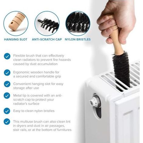 Brosse Radiateur Multi-Fonction et Flexible - Plumeau Radiateur Poils Longs et Fins - Manche en Bois - Gagnez en efficacité et réduisez Votre Facture énergétique(60cm)
