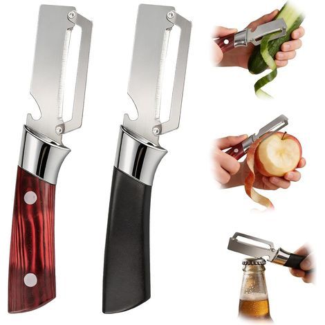 Set mit 2 multifunktionalen Gemüseschälern mit integriertem Flaschenöffner, rutschfestem Holzgriff, müheloses Schälen von Kartoffeln, Äpfeln, Karotten und mehr, für Küche, Camping und Familiengebrauch (1/5)