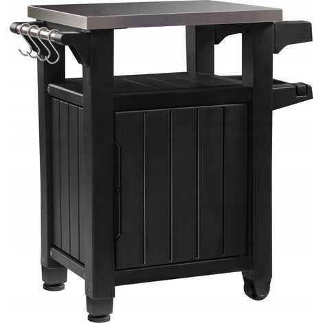 Keter – Table de jardin grill bar mobile en acier inoxydable – Rangement 183L – Poids max 45kg – Roues pour déplacement facile – Résistant aux intempéries