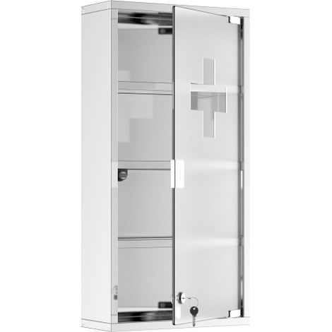4-Tier Stainless Steel Wall-Mounted Medicine Cabinet with Lockable Glass Door and Storage Shelves, 60x30x12 cm, Includes 2 Keys for Bathroom Organization