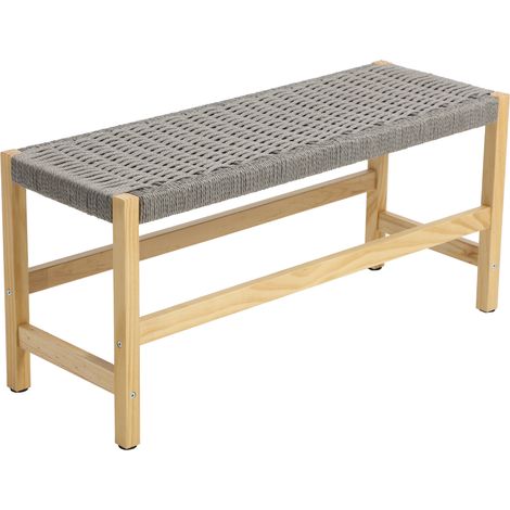 Wahson Retro Wooden Bench, Rustic Rope Weave Ottoman Seat for Hallway Living Room Bedroom Dining Room, Gray