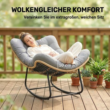 Fauteuil à bascule extérieur rotin avec coussins épais, capacité 120 kg, usage intérieur/extérieur, 87 x 110 x 70 cm, gris