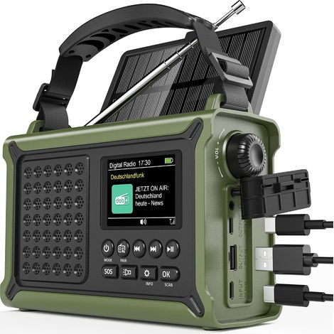 Radio à manivelle, radio d'urgence DAB/DAB+/FM, avec batterie 12 000 mAh, panneau solaire 8 500 mm² et manivelle 650 mA, radio solaire dynamo