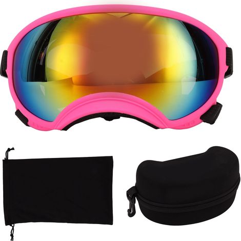 Lunettes de protection pour chien anti-vent et anti-UV, monture rose et verres rouges, pour ski et activités extérieures. (1/5)